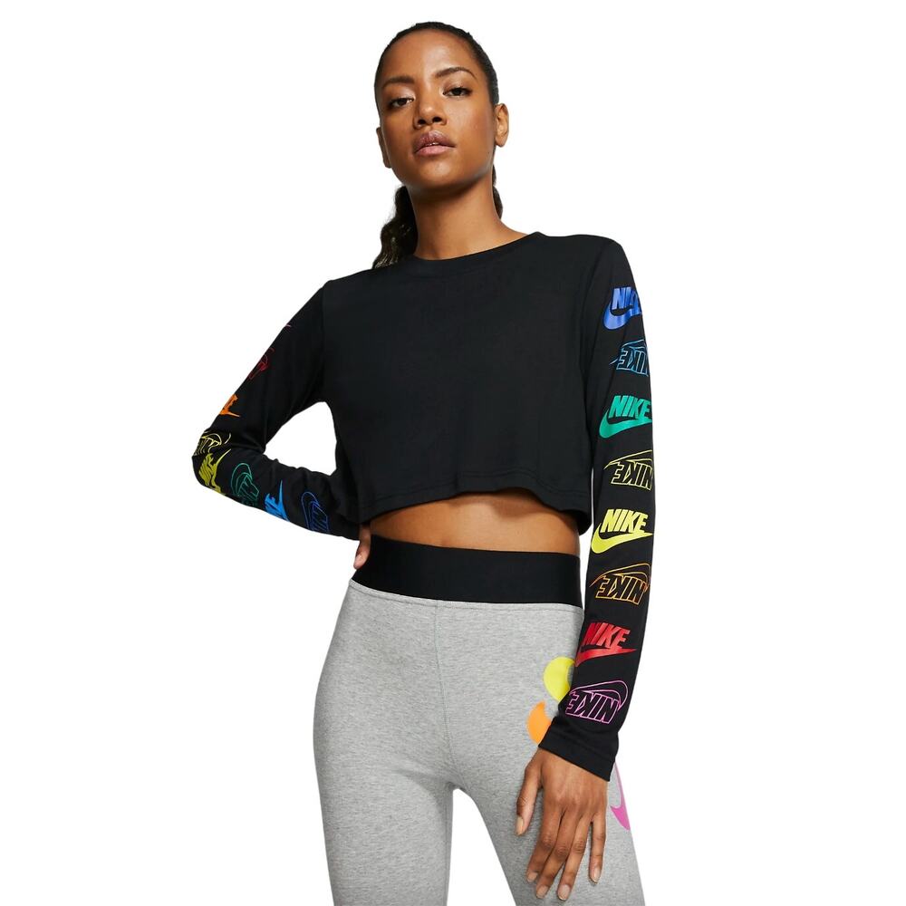 NIKE Futura Black Multi-color Long Sleeve Cropped Tee Shirt Women's Size Large